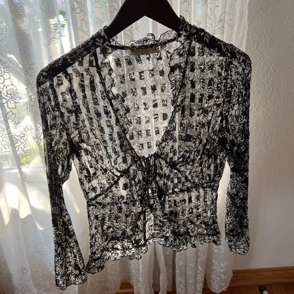 SOLD Sheer Patterned Tie Front Ruffle Blouse